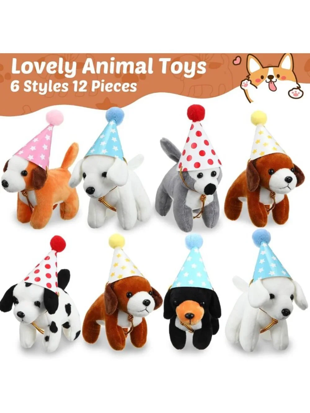 12 Mini Plush Dog Stuffed Animals Set with Birthday Hats & Gift Boxes - Party